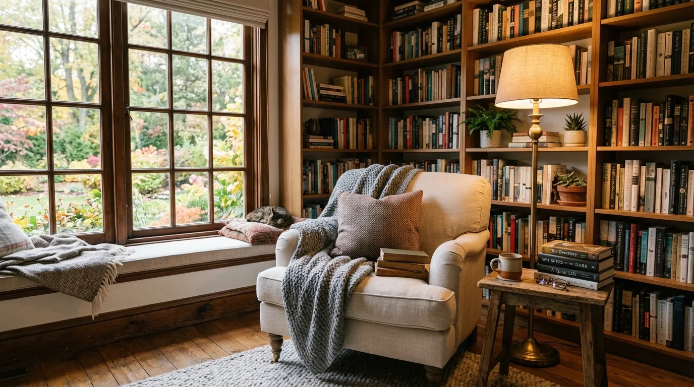 Cozy reading nook designed as a quiet book lover's escape.